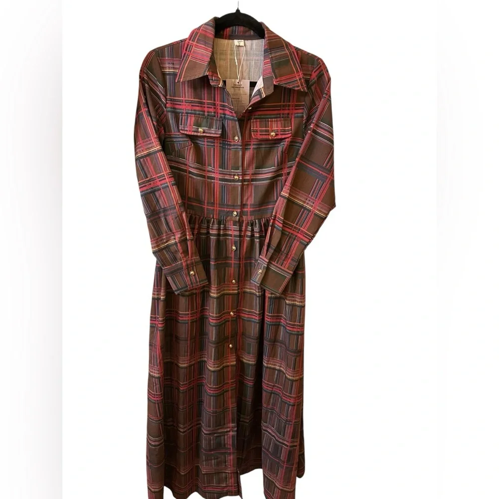 Oyrosy Retro Ethnic Style Lapel Reddish Brown Plaid Maxi Dress size S - Picture 4 of 11